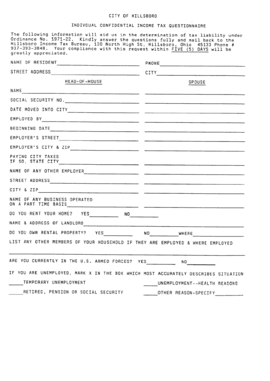 Individual Confidential Income Tax Questionnaire Form - State Of Ohio Printable pdf