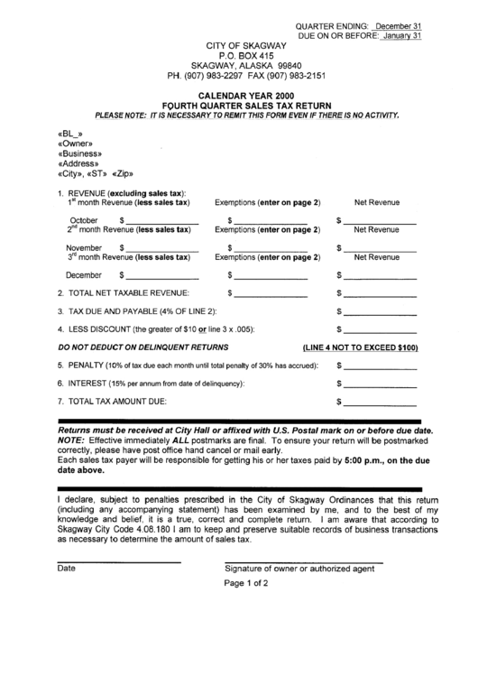 Fourth Quarter Sales Tax Return Form 2000 - City Of Skagway Printable pdf