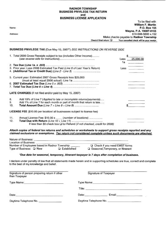 Business Privilege Tax Return And Business License Application Form - State Of Pennsylvania Printable pdf
