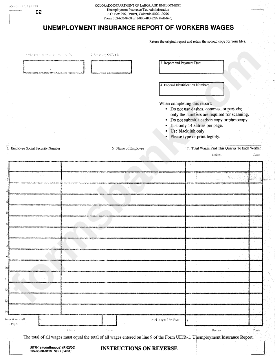 Form Uitr-1a - Unemployment Insurance Report Of Workers Wages