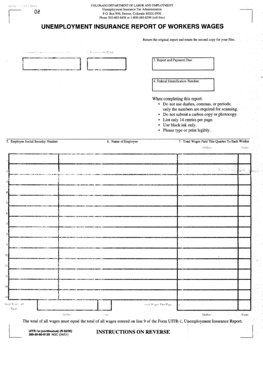 Form Uitr-1a - Unemployment Insurance Report Of Workers Wages Printable pdf