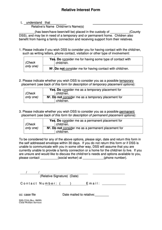Fillable Form Dss-5316 - Relative Interest Form - North Carolina Child Welfare Services Printable pdf
