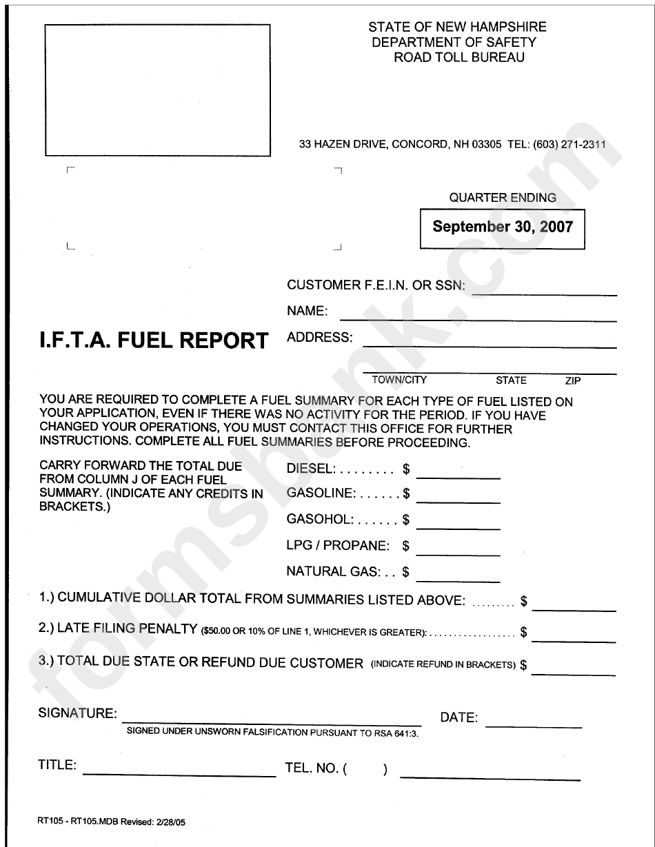 Form Rt 105 - I.f.t.a. Fuel Report - Department Of Safety
