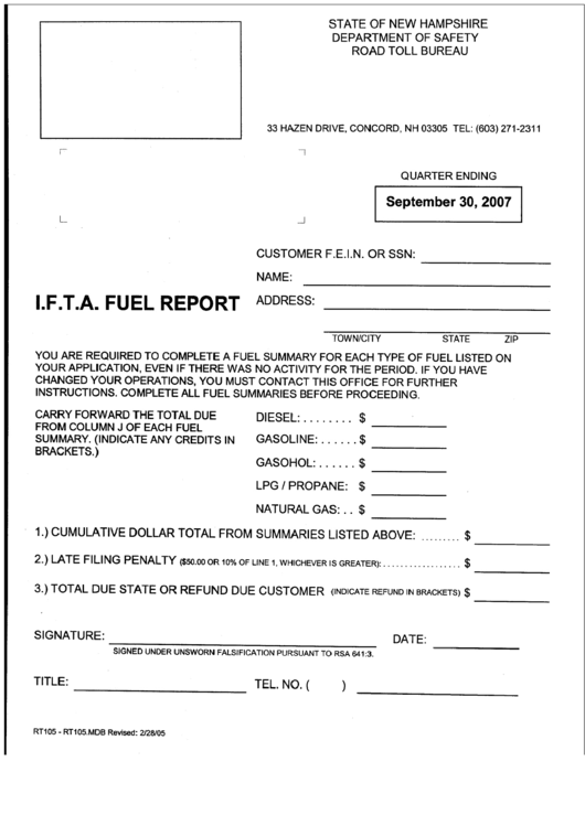 Form Rt 105 - I.f.t.a. Fuel Report - Department Of Safety Printable pdf