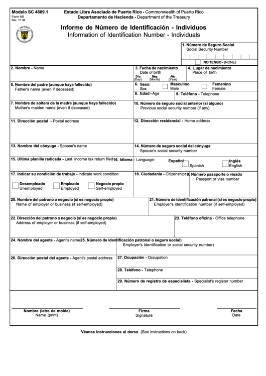 Form Sc 4809.1 - Information Of Identification Number - Individuals Form - Commonwealth Of Puerto Rico - Department Of The Treasury Printable pdf