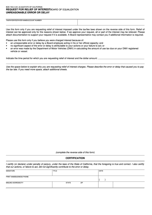 Fillable Form Boe-735-A - Request For Relief Of Interest Board Of Equalization Unreasonable Error Or Delay - State Of California Printable pdf