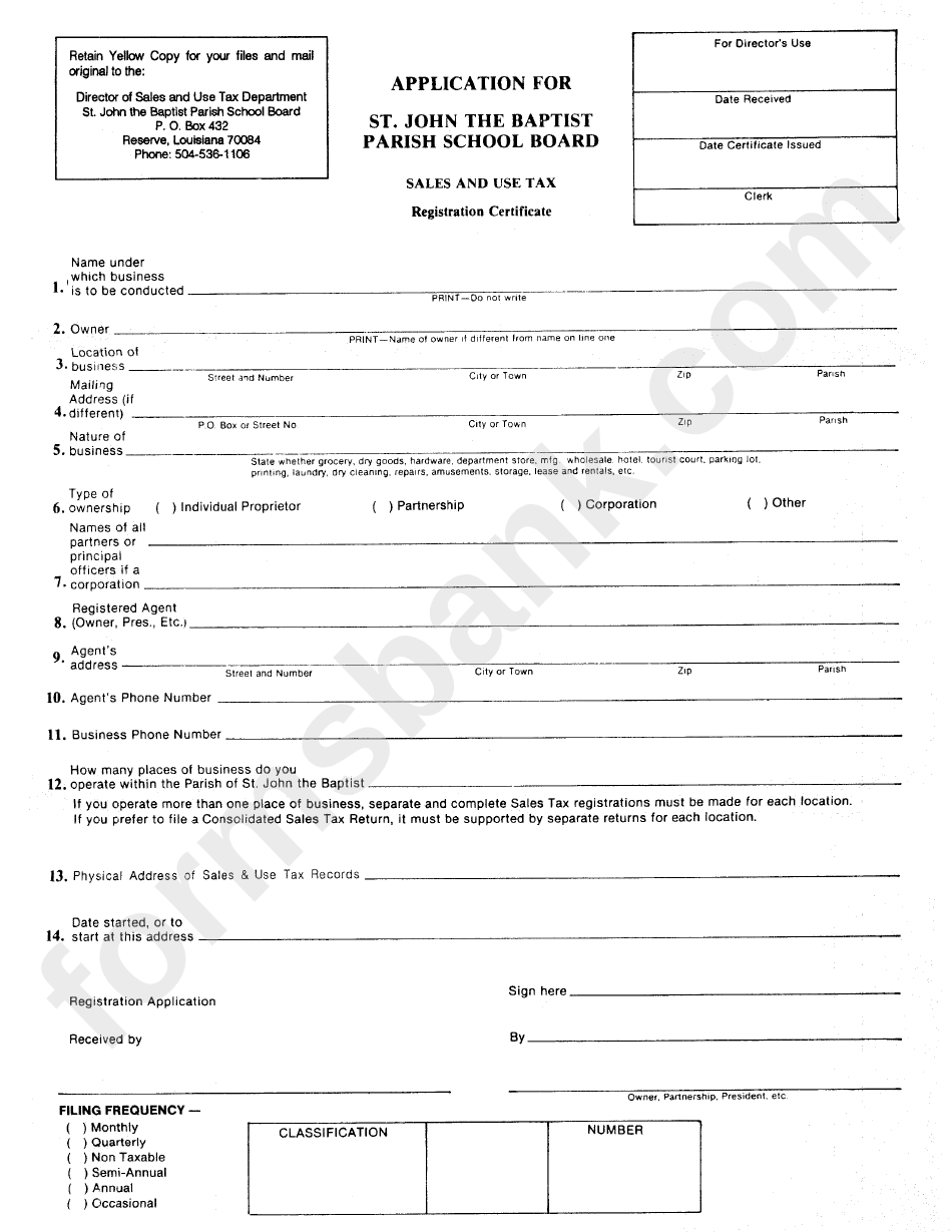 Sales And Use Tax - Registration Certificate Form - St. John The Baptist Parish School Board