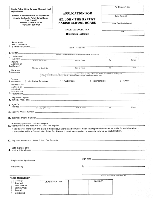 Sales And Use Tax - Registration Certificate Form - St. John The Baptist Parish School Board Printable pdf