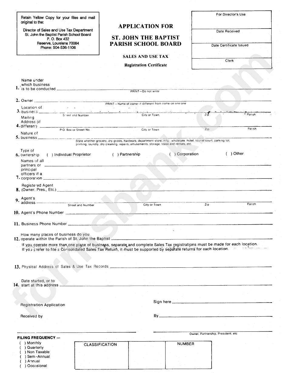 Sales And Use Tax - Registration Certificate Form - St. John The Baptist Parish School Board