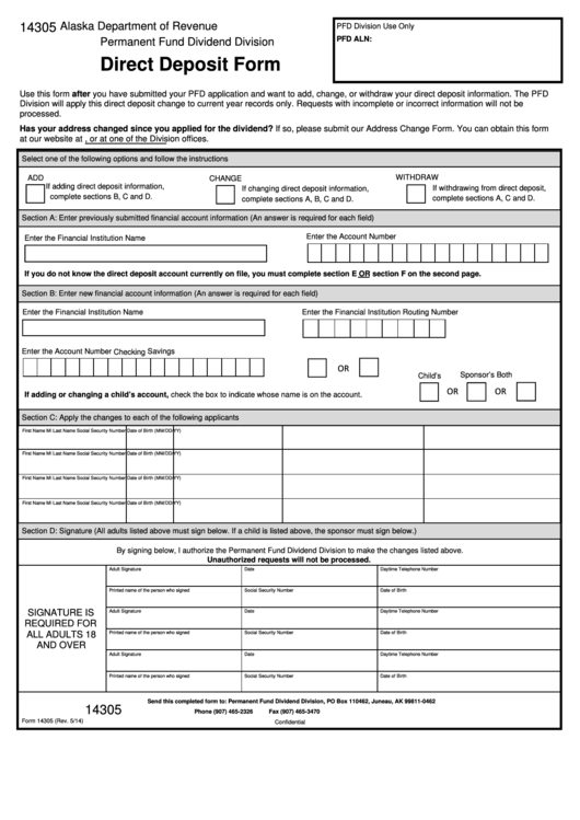 Form 14305 - Direct Deposit Form May 2014 Printable pdf