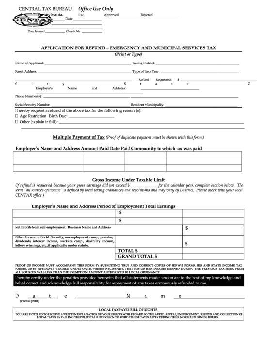 Application For Refund - Emergency And Municipal Services Tax Form Printable pdf