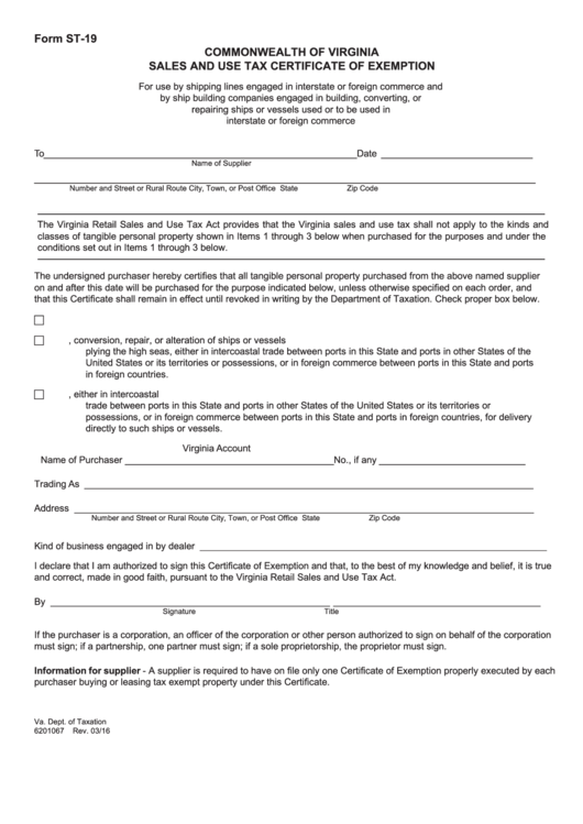 Fillable Form St-19 - Sales And Use Tax Certificate Of Exemption - 2016 Printable pdf
