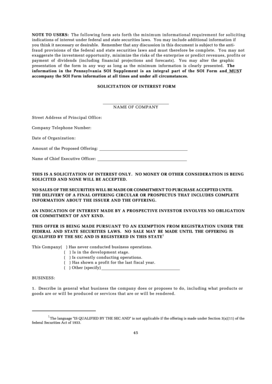 Solicitation Of Interest Form - State Of Pennsylvania Printable pdf