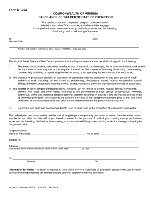 Fillable Form St-20a - Sales And Use Tax Certificate Of Exemption Printable pdf
