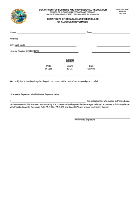 Dbpr Form Ab&t - Certificate Of Breakage And/or Spoilage Of Alcoholic Beverages Printable pdf