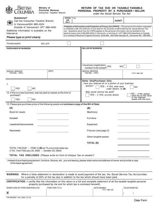 Fillable Form Fin 426 - Return Of Tax Due On Taxable Tangible Personal Property By A Purchaser/seller Printable pdf