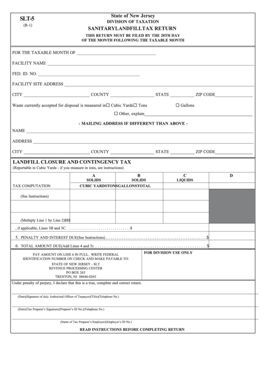 Fillable Form Slt-5 - Sanitary Landfill Tax Return - New Jersey Division Of Taxation Printable pdf