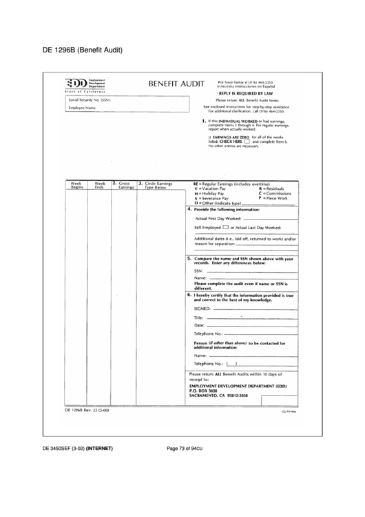 Form De 1296b - Benefir Audit Form - State Of California Printable pdf