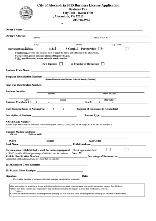 Fillable 2015 Business License Application - City Of Alexandria Printable pdf