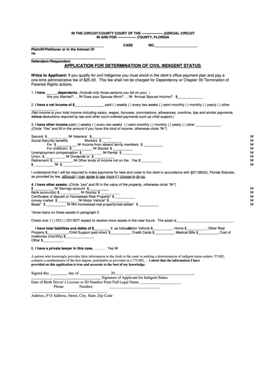 Fillable Application For Determination Of Civil Indigent Status Form - Florida Printable pdf