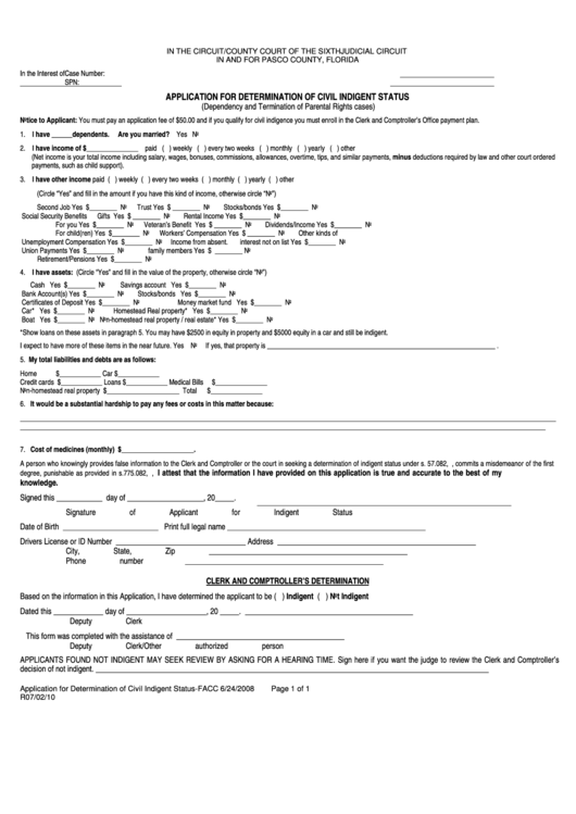Application For Determination Of Civil Indigent Status Form - Florida Printable pdf