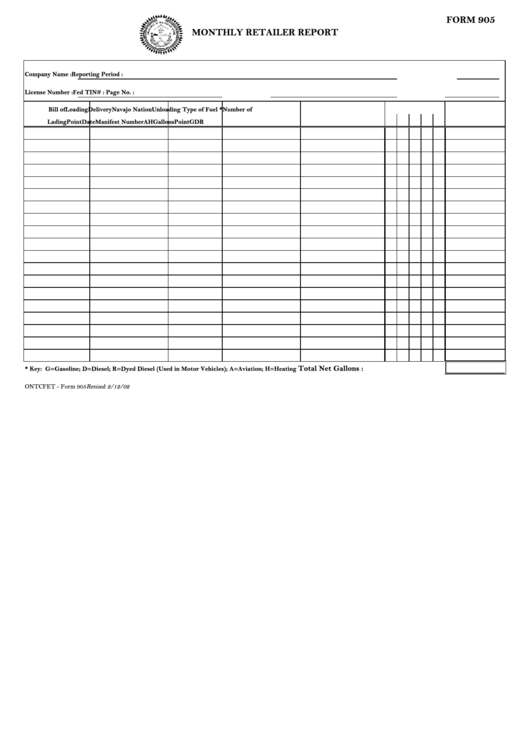Form 905 - Monthly Retailer Report Printable pdf