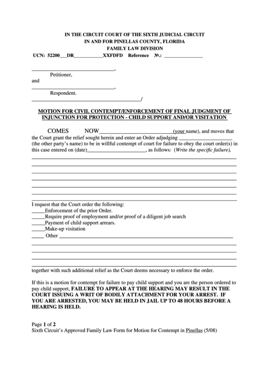 Fillable Motion For Civil Contempt/enforcement Of Final Judgment Of Injunction For Protection - Child Support And/or Visitation Form - Pinellas County, Florida Printable pdf