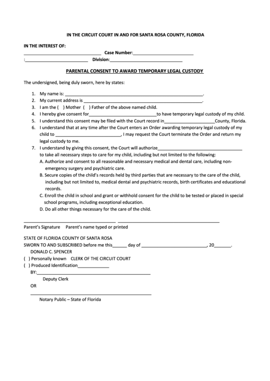 Parental Consent To Award Temporary Legal Custody Form - Santa Rosa County, Florida Printable pdf