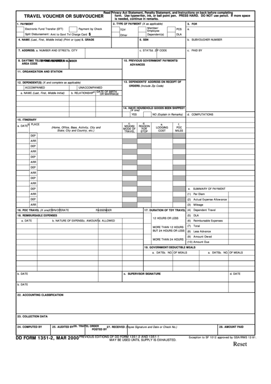 Fillable Dd Form 1351-2 - Travel Voucher Or Subvoucher Printable pdf