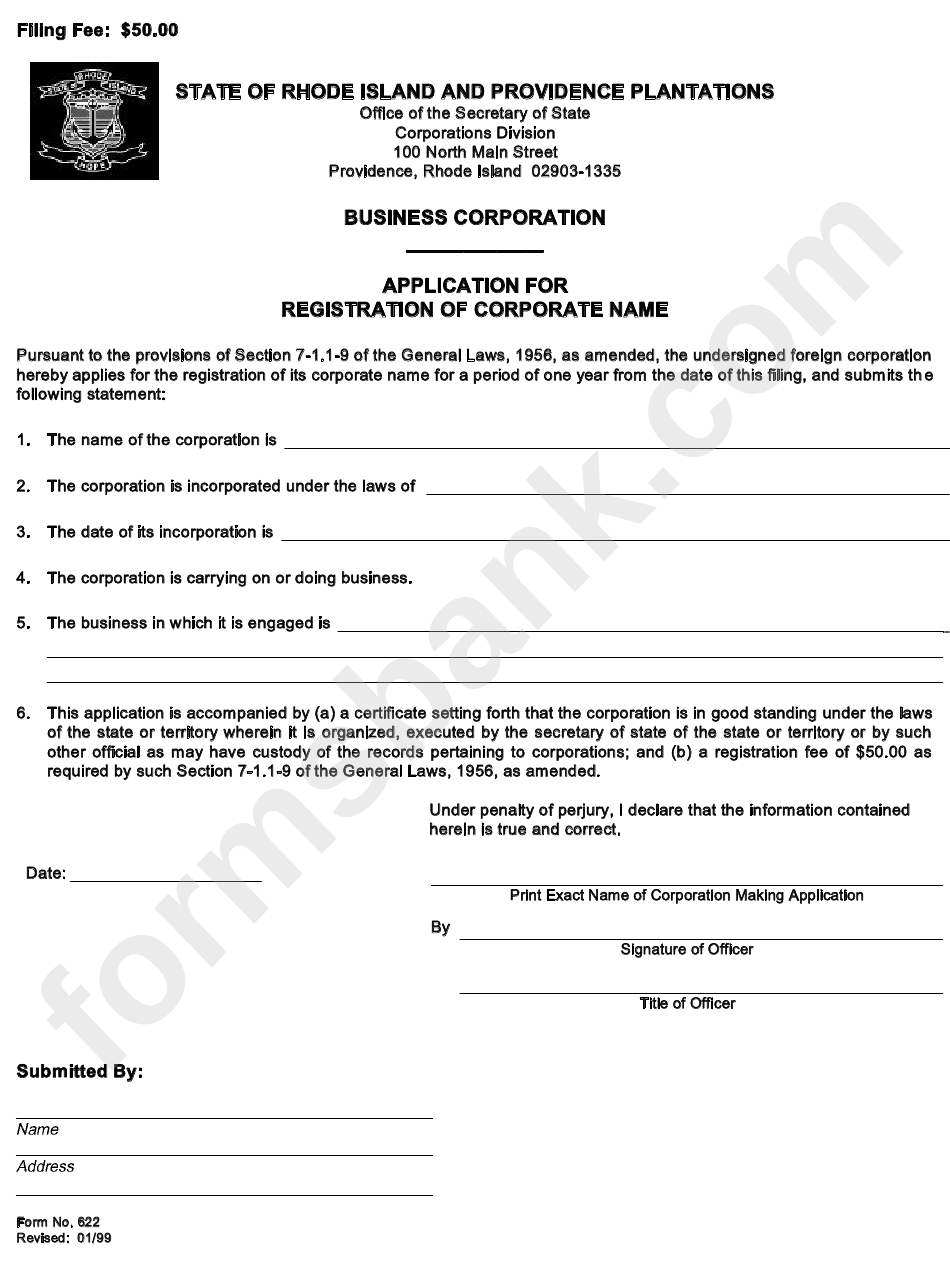 Form 622 - Application For Registration Of Corporate Name Form