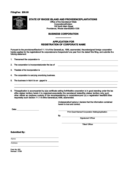 Form 622 - Application For Registration Of Corporate Name Form Printable pdf