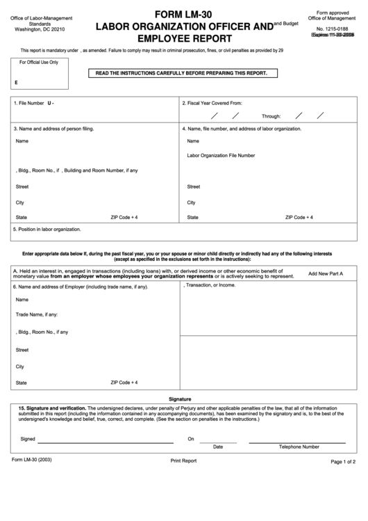 Fillable Form Lm-30 - Labor Organization Officer And Employee Report Printable pdf