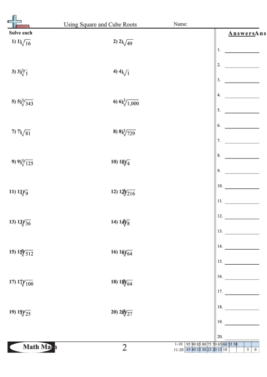 Using Square And Cube Roots Worksheet Printable pdf