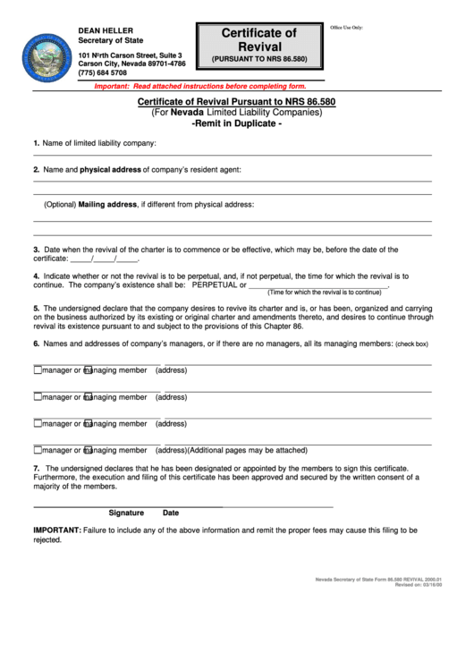 Form 86.580 - Certificate Of Revival - 2000 Printable pdf