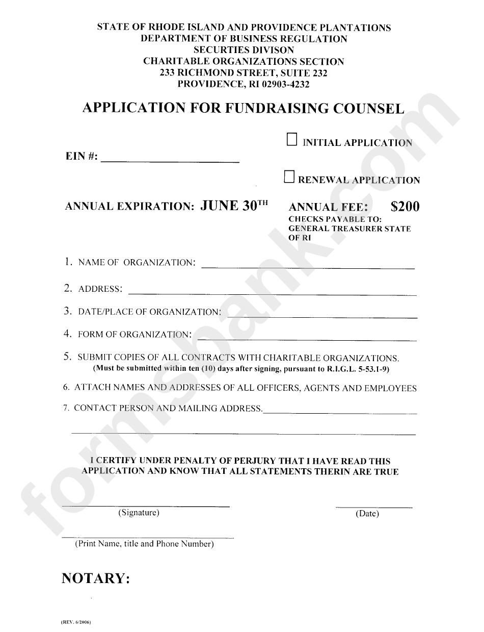 Application For Fundraising Counsel Form - State Of Rhode Island