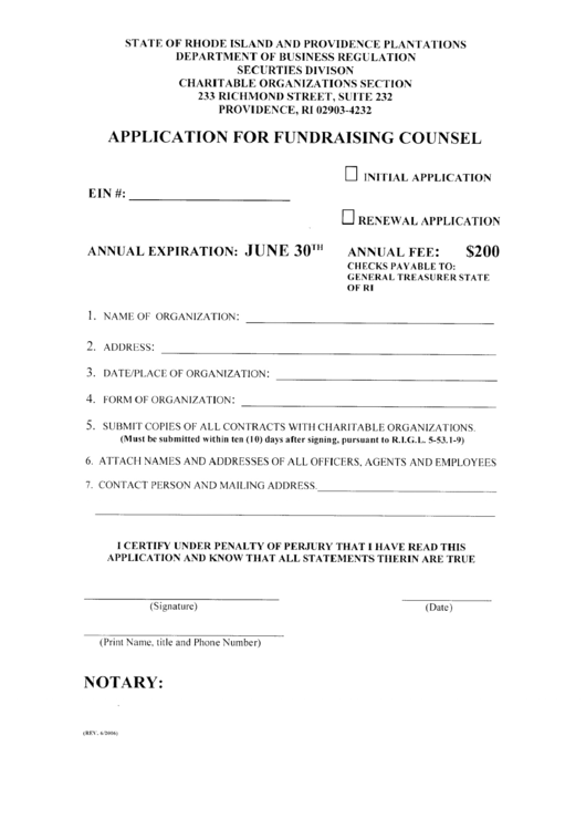 Application For Fundraising Counsel Form - State Of Rhode Island Printable pdf