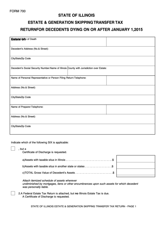 Fillable Form 700 - Estate & Generation Skipping Transfer Tax (2015) Printable pdf