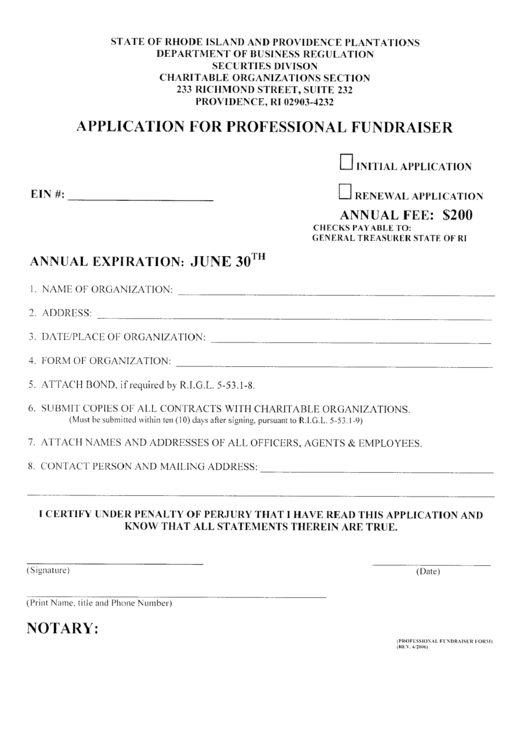 Application For Profesional Fundraiser Form - State Of Rhode Island Printable pdf