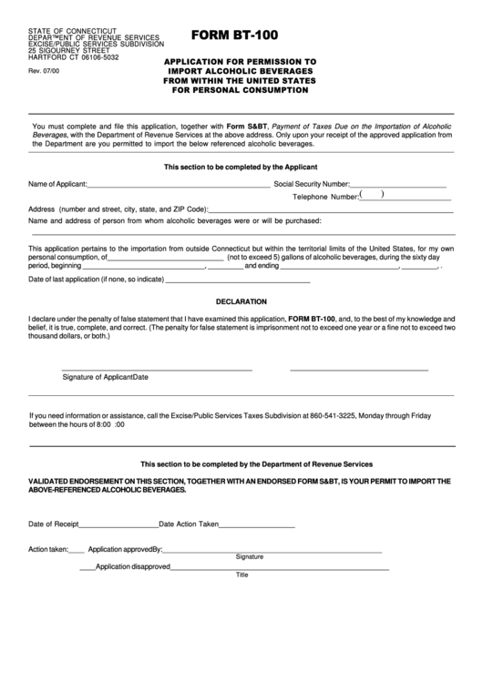 Form Bt-100 - Application For Permission To Import Alcoholic Beverages From Within The United States For Personal Consumption Printable pdf
