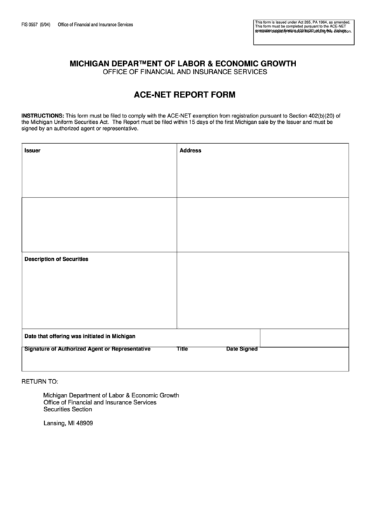 Form Fis 0557 - Ace-Net Report Form Printable pdf