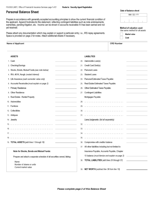 Form Fis 0553 - Personal Balance Sheet Printable pdf