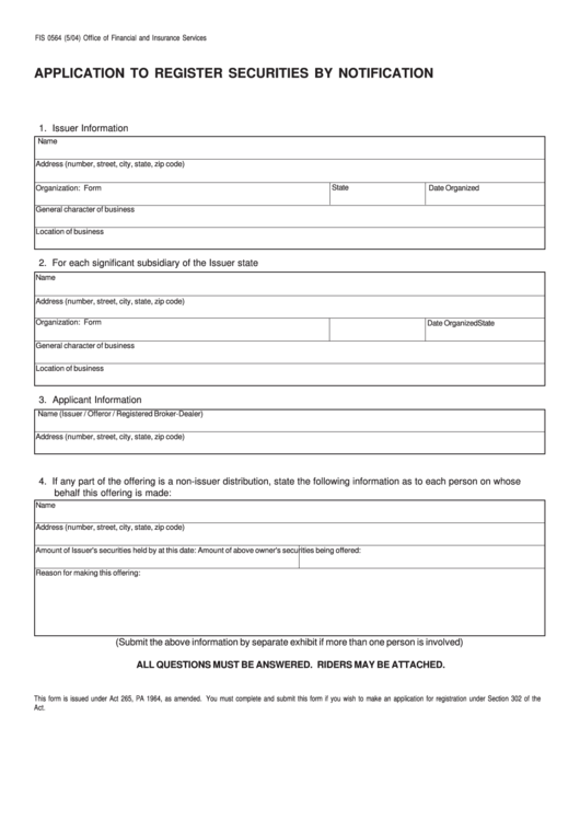 Form Fis 0564 - Application To Register Securities By Notification Printable pdf