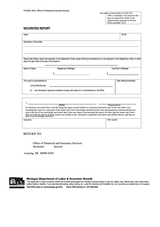 Form Fis 0559 - Securities Report Printable pdf