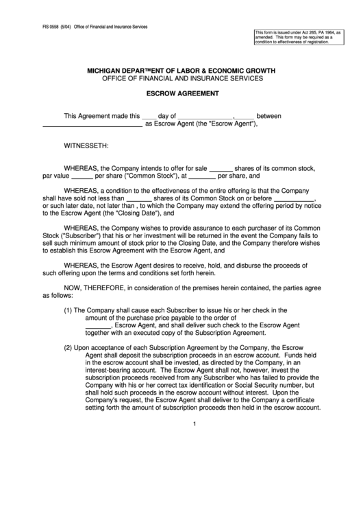 Form Fis 0558 - Escrow Agreement Printable pdf