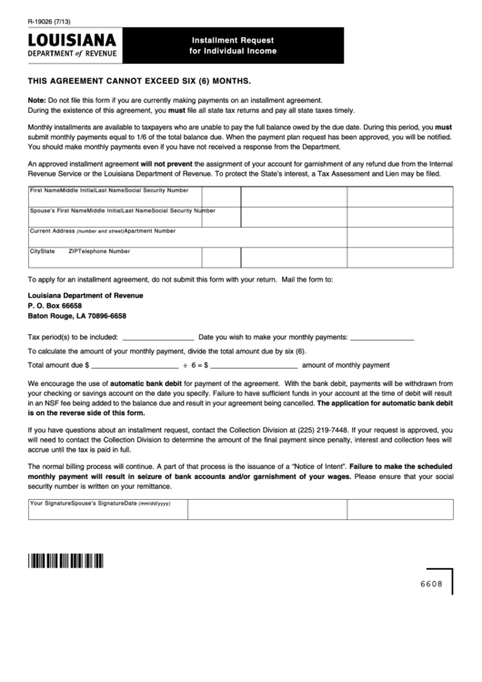 Fillable Form R-19026 - Installment Request For Individual Income Printable pdf