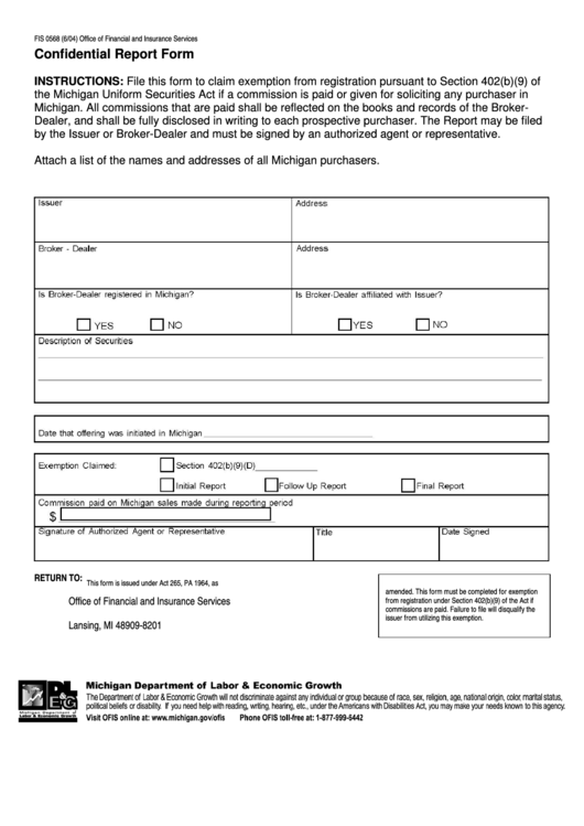 Form Fis 0568 - Confidential Report Form Printable pdf