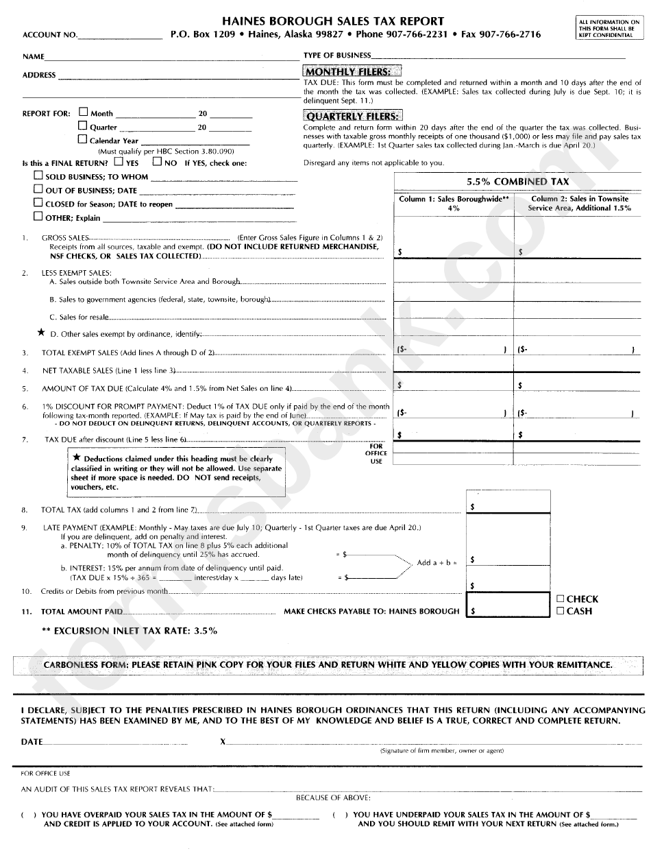 Sales Tax Report Form - Haines Borough - Alaska