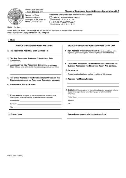 Form Cr131 - Change Of Registered Agent/address - Corporations/llc January 2001 Printable pdf