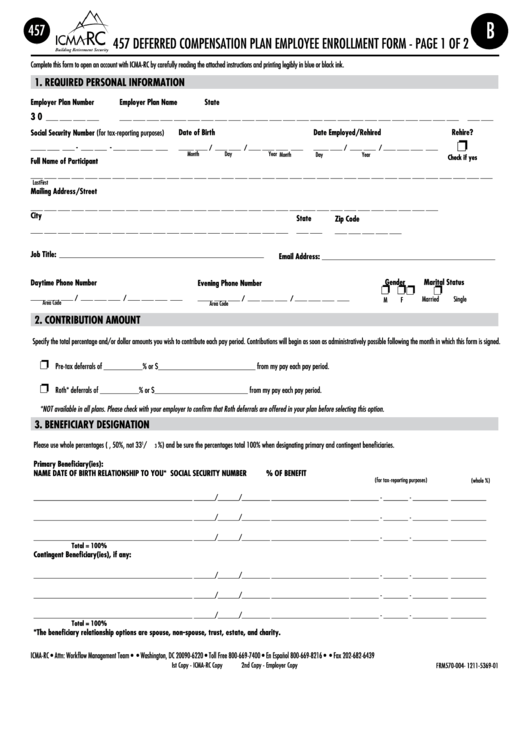Form 457 - Deferred Compensation Plan Employee Enrollment Form Printable pdf