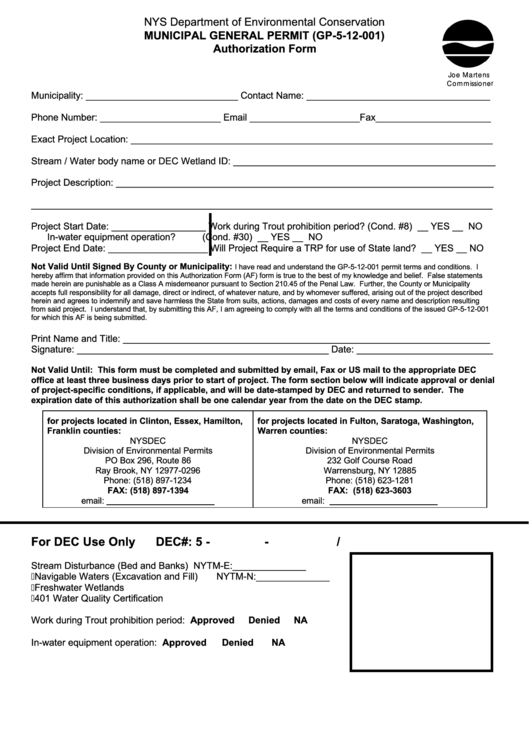 Fillable Municipal General Permit Authorization Form Printable pdf